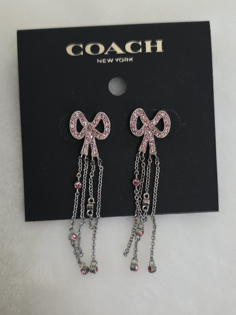 NWT COACH Pink Crystals Pave Silver Stainless Steel Bow Fringe Stud Earrings - Picture 2 of 4